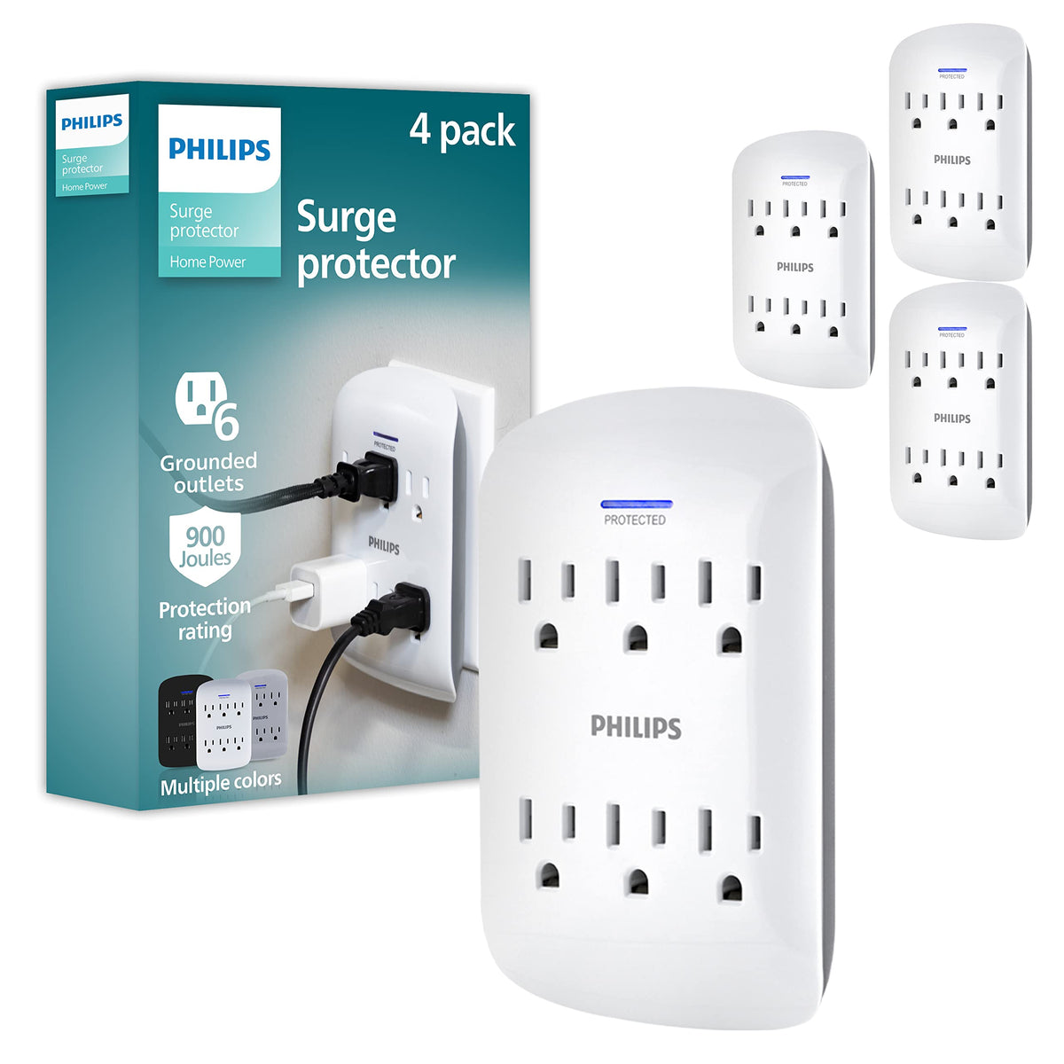Philips 6-Outlet Extender Surge Protector, Wall Tap, 900 Joules, 3-Prong