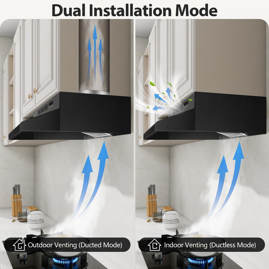Tieasy Under Cabinet Range Hood 24 Inch, 400 CFM Stainless Steel Convertible Vent Hood with 2 Speed Exhaust Fan and Rocker Switch Control, Ducted/Ductless Kitchen Hood with Multiple Venting Options