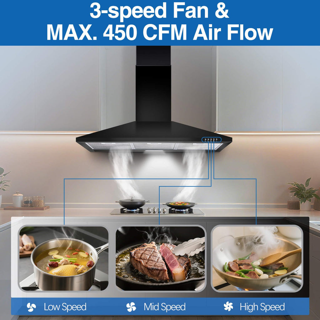 SNDOAS Range Hood 30 inch,Wall Mount Range Hood in Stainless Steel With Ducted/Ductless Convertible,Stove Vent Hood with Aluminum Filters,3 Speed Exhaust Fan,LED Light,Button Control