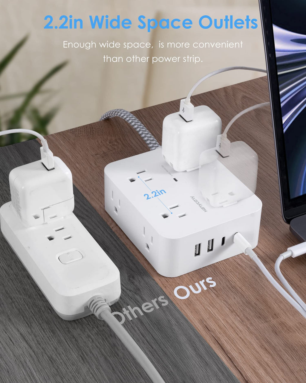 HANYCONY Surge Protector Power Strip, 10 Ft Braided Extension Cord, 1080J