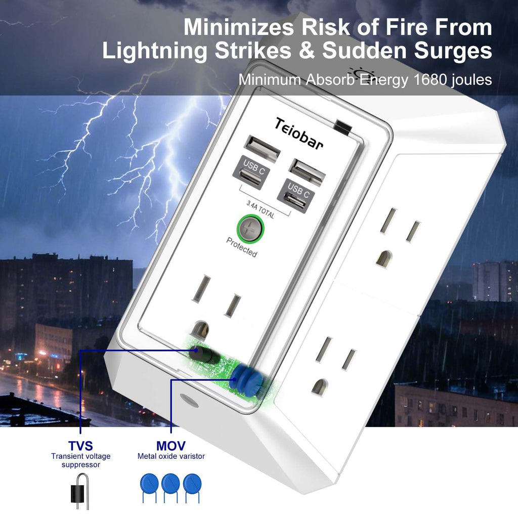 Multi Plug Wall Outlet Surge Protector with 6-Outlet & 4 USB Ports(2USB-C)