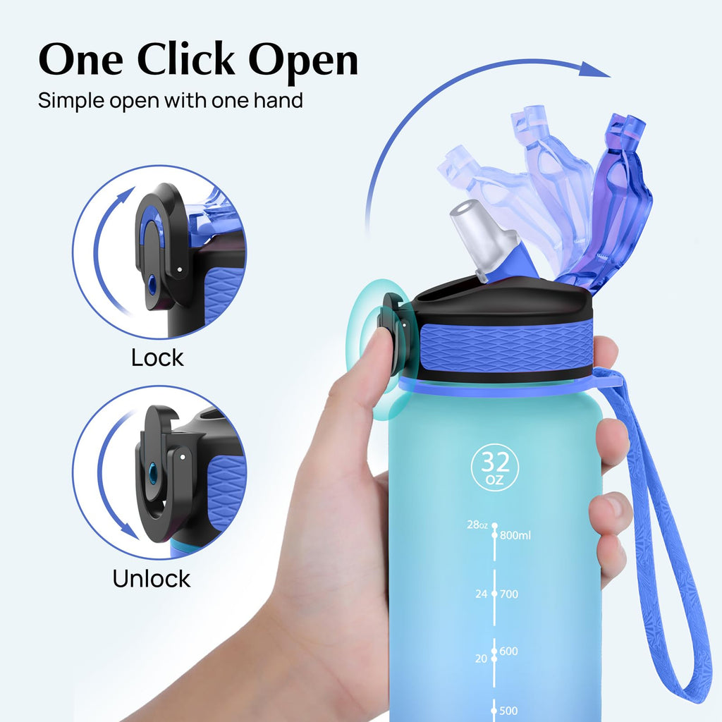 EYQ 1L Water Bottle, 1 Litre Water Bottle with Straw, 32oz Leak-Proof Motivational Sports Drinks Bottle with Time Marker, Tritan BPA-Free, Drinking Waterbottles for Gym Outdoor Sports