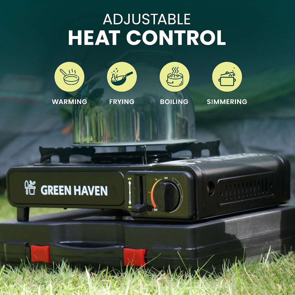 GREEN HAVEN Camping Stove Bundle – Portable Gas Stove, Camping Kettle & 4 Butane Gas Canisters | 2100W Gas Cooker with Carry Case | EN417 | Camping Gas Stove with Auto-Ignition, Adjustable Flame