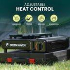 GREEN HAVEN Camping Stove Bundle – Portable Gas Stove, Camping Kettle & 4 Butane Gas Canisters | 2100W Gas Cooker with Carry Case | EN417 | Camping Gas Stove with Auto-Ignition, Adjustable Flame