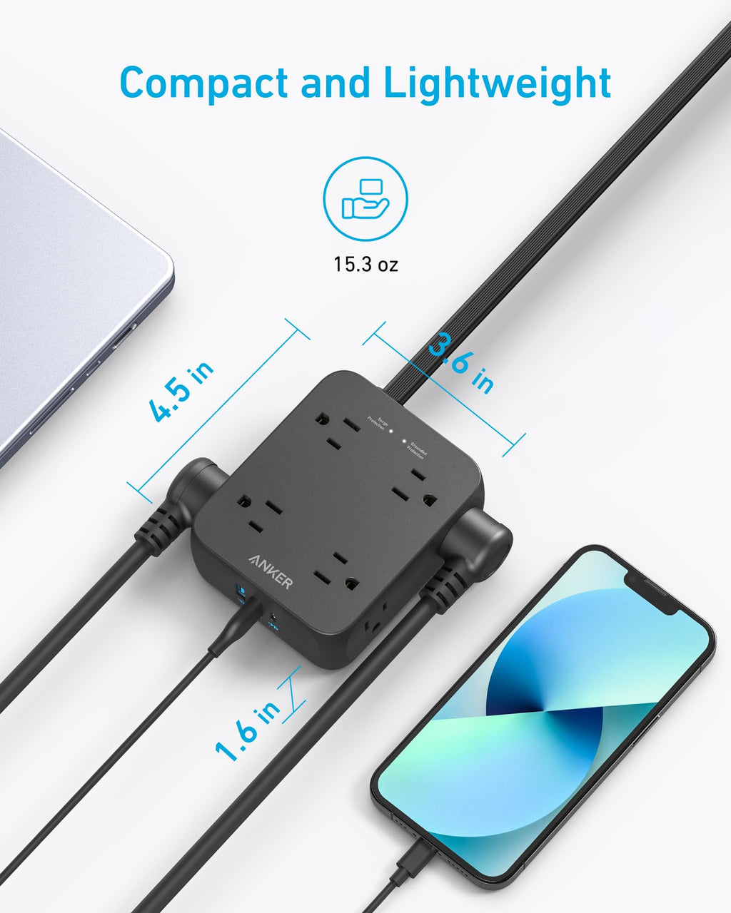 Anker Power Strip with 2000J Surge Protector, 10ft Outlet Extender, 20W 8AC