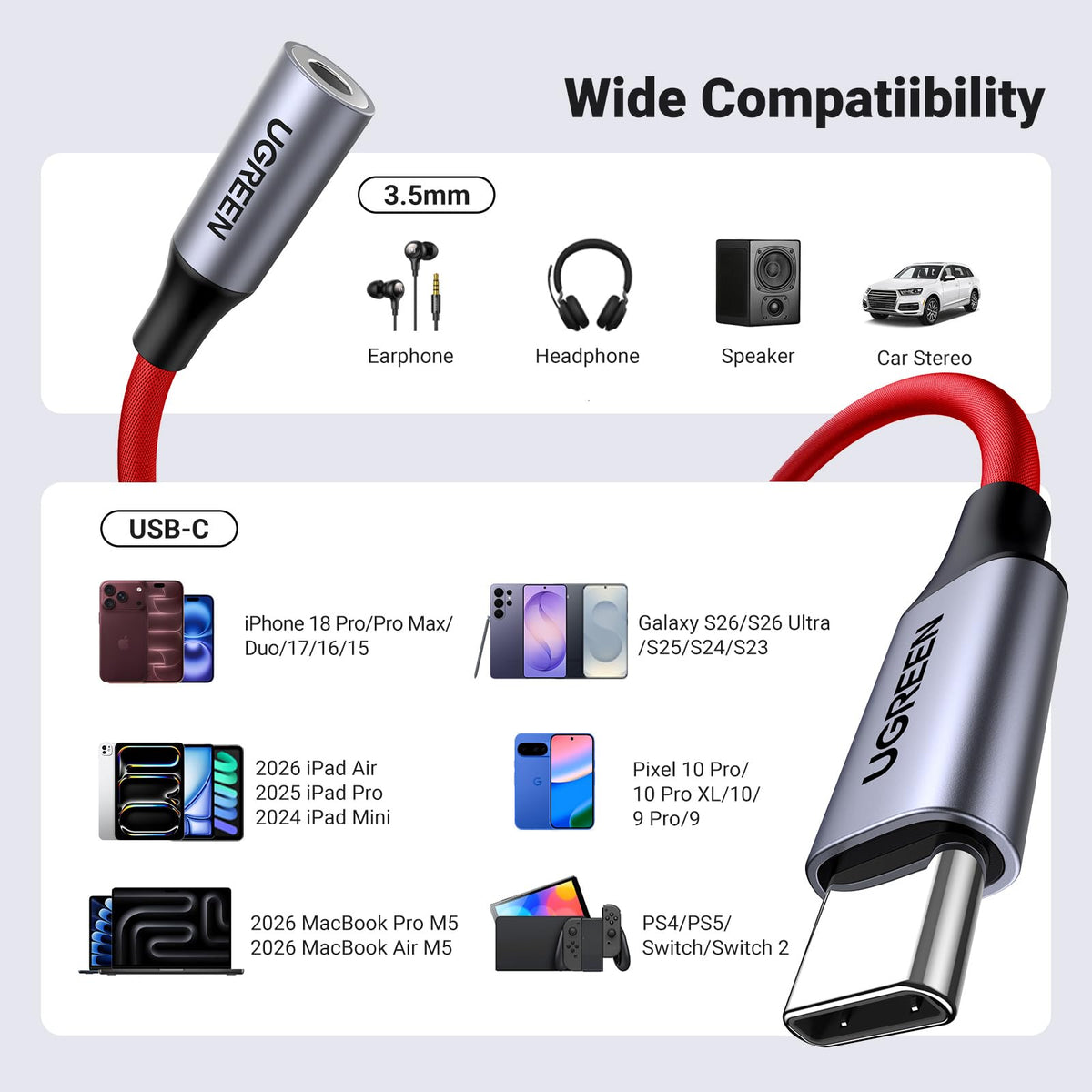 UGREEN 2 Pack USB C to 3.5mm Audio Adapter Type C to Aux 24bit/96kHz, Grey