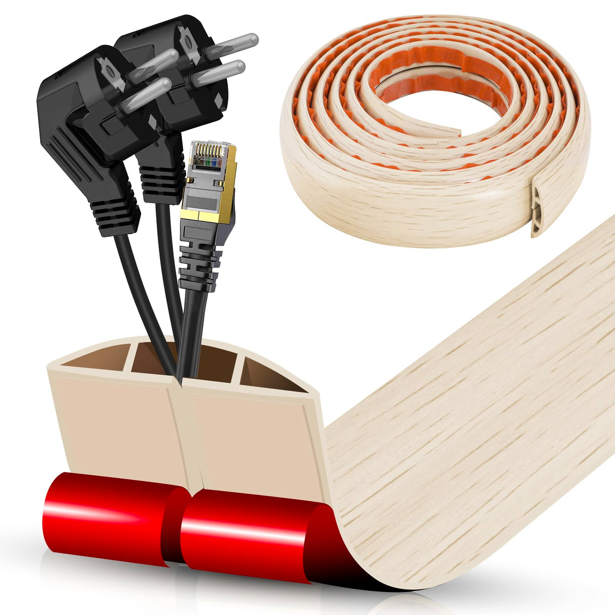 Floor Cord Cover Self Adhesive Cord Hider,3.3FT Cable Management, Extension Strip Protector for Wires, Prevent Cable Trips for Offices, Gyms, Exhibitions Cavity:0.3"(W) x 0.28"(H) Brown Wood