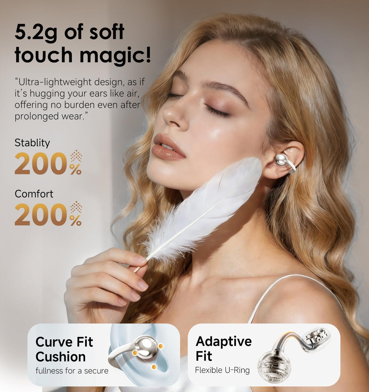 Kinglucky Clip-On Earbuds Gen 3, Open-Ear Wireless Bluetooth 6.0 Headphones with Mic, Secure Fit for Small Ears & Glasses Wearers, 50H Playtime, LED Digital Display, ENC, IPX5 Waterproof(Balck)