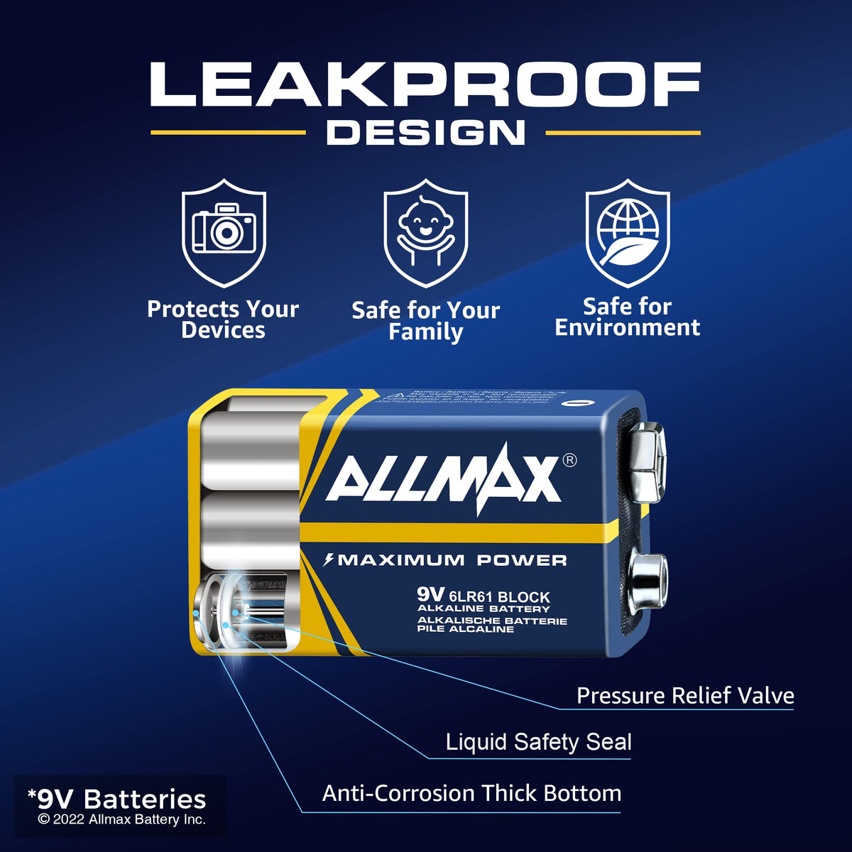 Allmax 9V (6LR61) Maximum Power Alkaline Batteries (4 Count) – 9 Volt