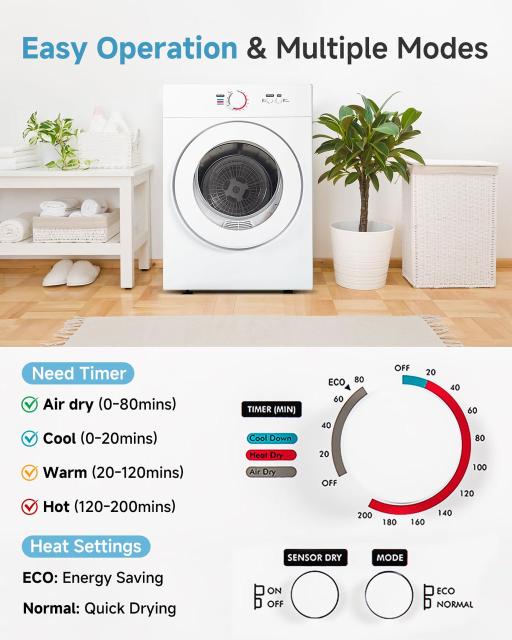 Feelfunn 850W Portable Clothes Dryer with 4 Automatic Drying Modes