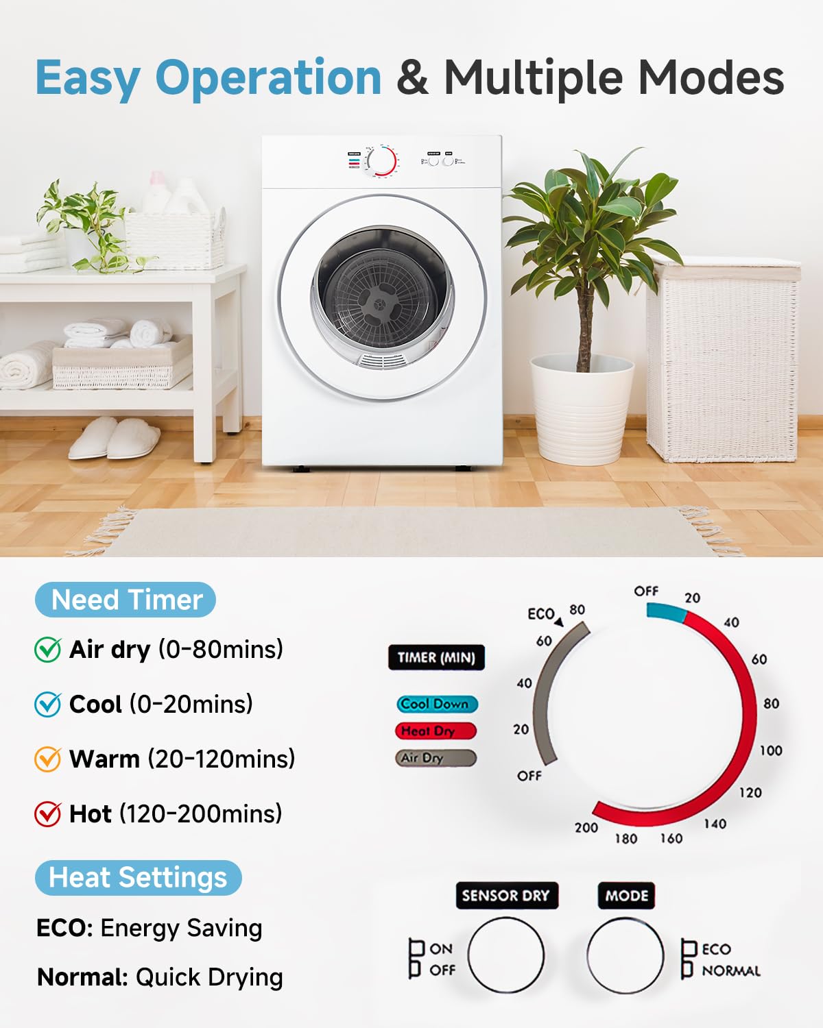 Feelfunn 850W Portable Clothes Dryer with 4 Automatic Drying Modes