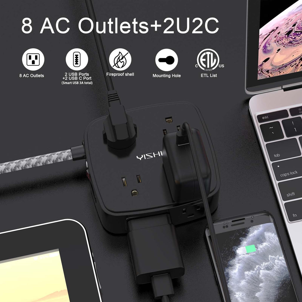 6 Ft Surge Protector Power Strip - YISHU 8 Widely Outlets with 4 USB Ports, 3 Side Outlet Extender with 6 Feet Flat Extension Cord, Ultra Flat Plug, Wall Mount, Desk USB Charging Station, ETL, Black