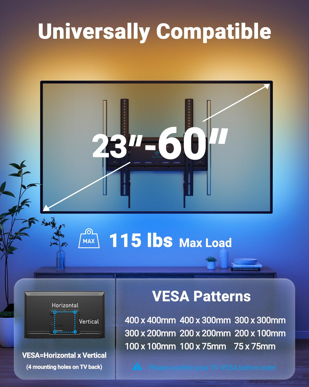 PERLESMITH Tilting TV Wall Mount for 23–60 inch TVs up to 115 lbs