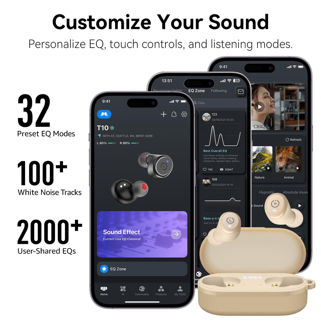 TOZO T10 Wireless Earbuds Powerful Bass Stereo Wireless Charging, APP, IPX8