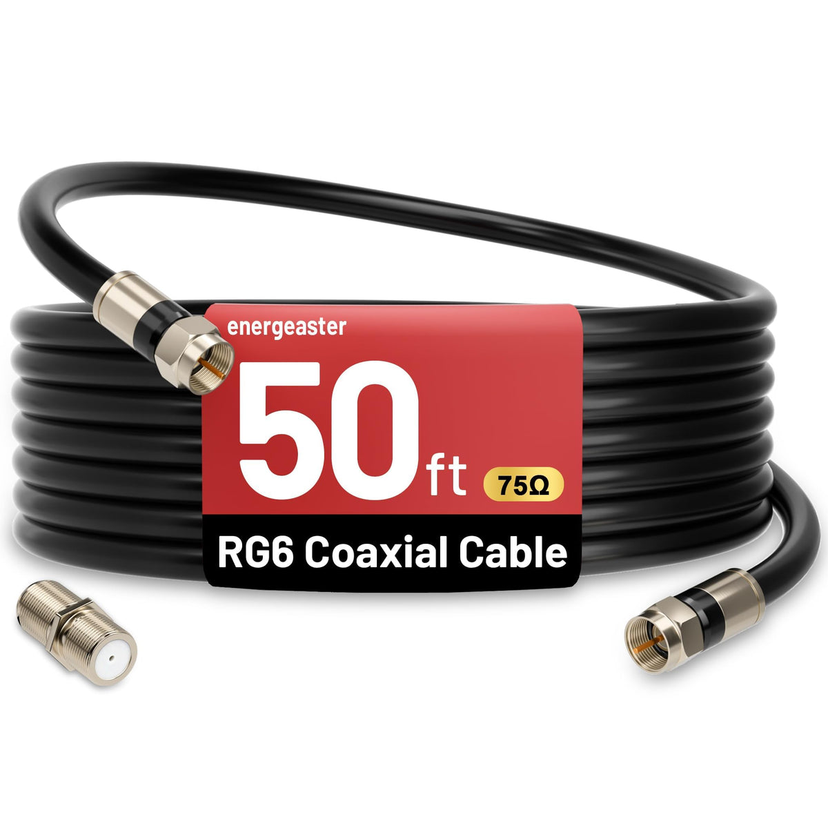 energeaster 10FT RG6 Coaxial Cable with Waterproof Rubber Boot, Black
