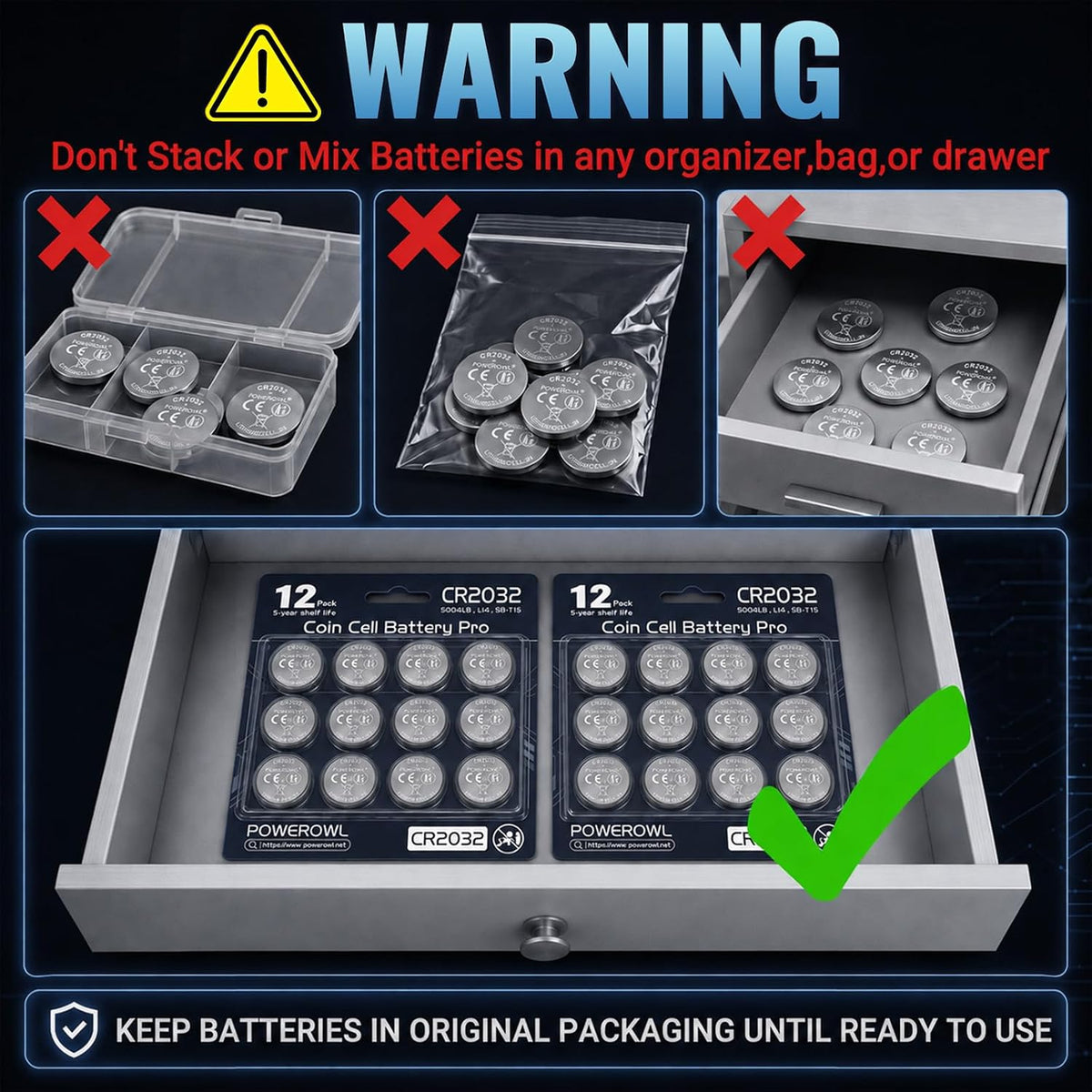 POWEROWL 12 PCS CR2032 DL2032 E-CR2032 Batteries, Child safety packaging