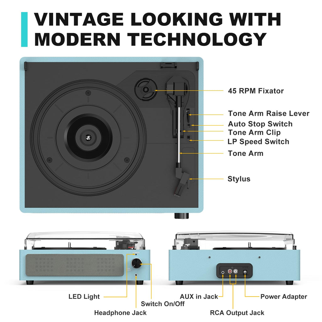 Seasonlife® Retro Vinyl Record Player with Stereo Speakers,Walnut Brown