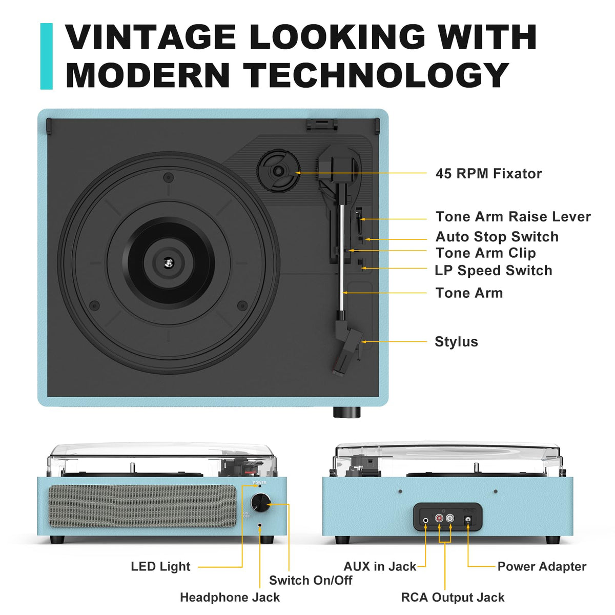 Seasonlife® Retro Vinyl Record Player with Stereo Speakers,Walnut Brown