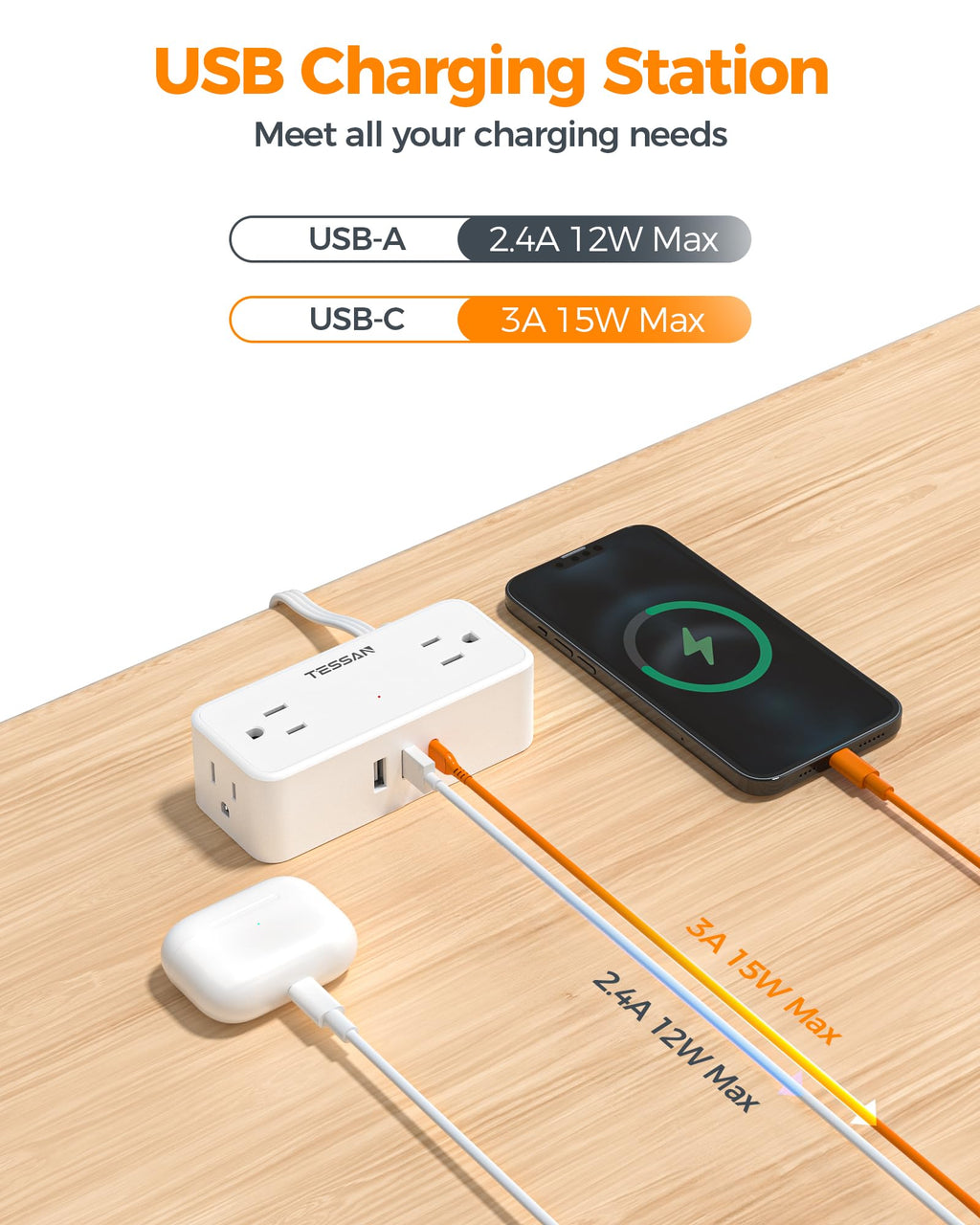 TESSAN Extension Cord 10 FT, Power Strip with 900J Surge Protection, Grey