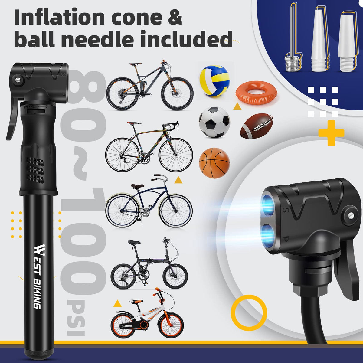 Bicycle Pump Mini Bike Pump Aluminum Alloy Cycle Pump for Presta & Schrader Valve, Portable Lightweight Bike Tyre Pump Fast Tyre Inflation Mini Air Pump For Mountain Road Bike Ball Pump