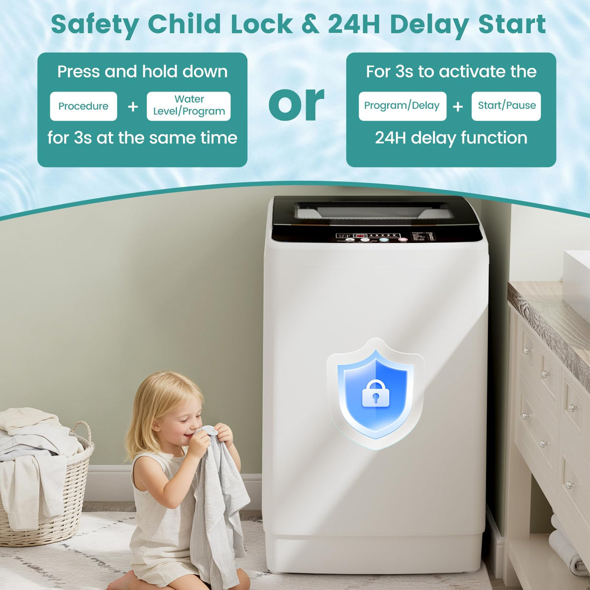 Auertech 18 lbs Portable Washing Machine, Fully Automatic Portable Washer with LED Display, 7 Wash Cycles, 4 Water Levels, Top Load Washing Machine for Apartment, RV, Dorm, Home