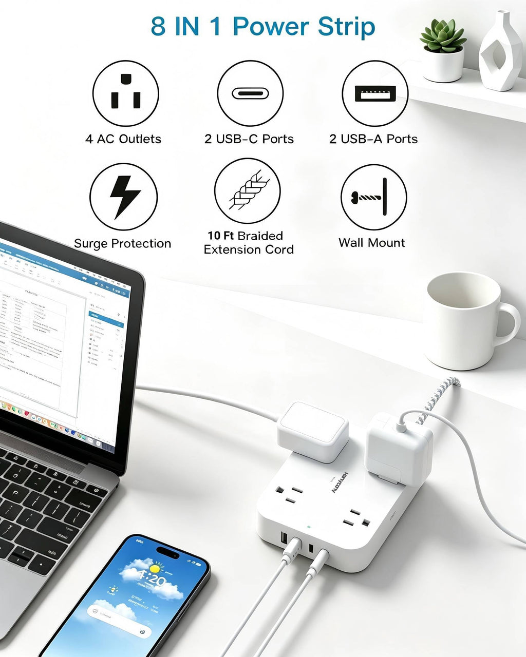 10 Ft Extension Cord, Flat Power Strip with 4 Outlets 4 USB Ports (2 USB C)