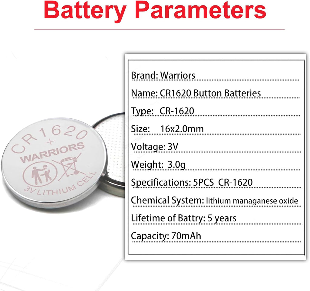 Warriors 5X CR1620 Batteries, 3V Lithium Coin Batteries