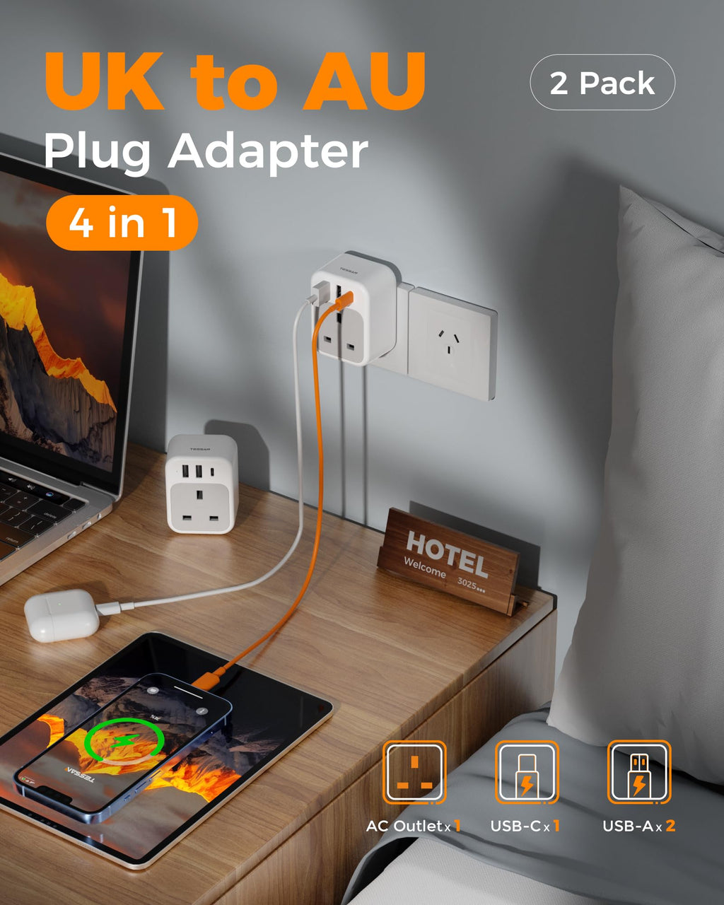 TESSAN UK to US Plug Adaptor 2 Pack, Type B USA Travel Adapter with USB C