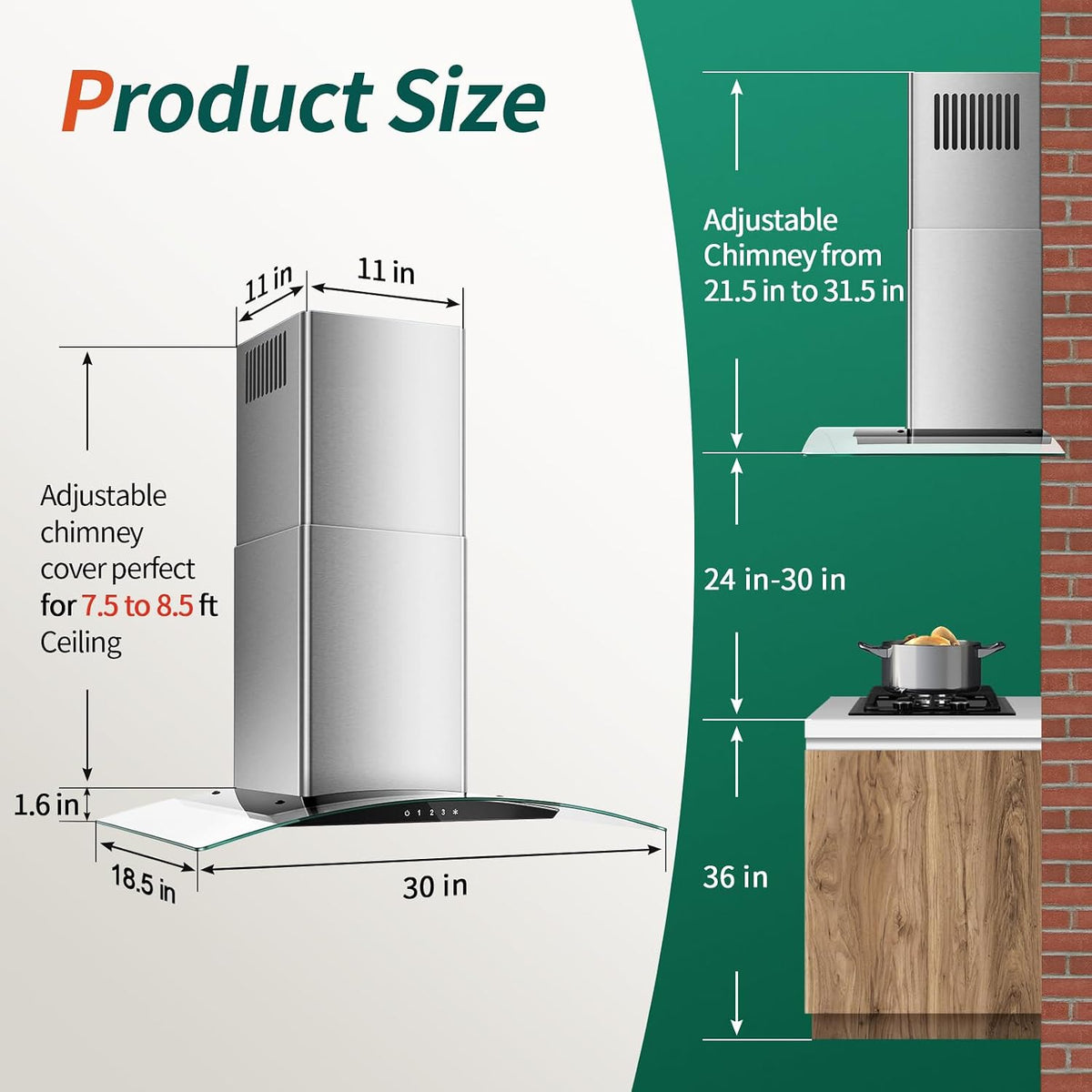 Tieasy Range Hood 30 Inch, 450 CFM Wall Mount Kitchen Hood with Ducted/Ductless Convertible Stainless Steel Filter Range Hoods 3-Speed Touch Control LED Lights