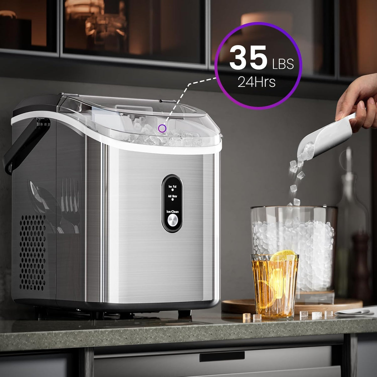 Kismile Nugget Ice Maker Countertop, 35 lbs/Day,Stainless Steel(Black)