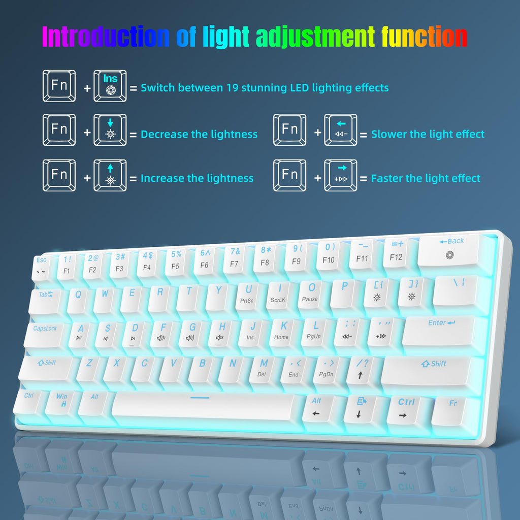 Snpurdiri 60% Wired Mechanical Gaming Keyboard, Ice Blue LED Backlit 61 Keys Mini Wired Office Keyboard for Windows Laptop PC Mac (Black-White, Red Switches)