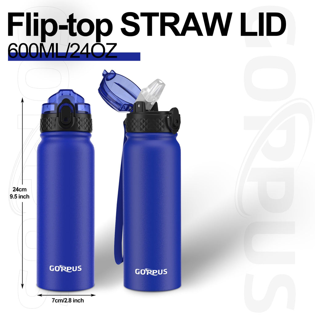 GOPPUS 600ml/20oz Stainless Water Bottle with Straw Double Wall Insulated Bottles with Strap One Hand Open Vacuum Thermal Flask with Flip Top Lid Leakproof Keep Cold Drinks BPA Free