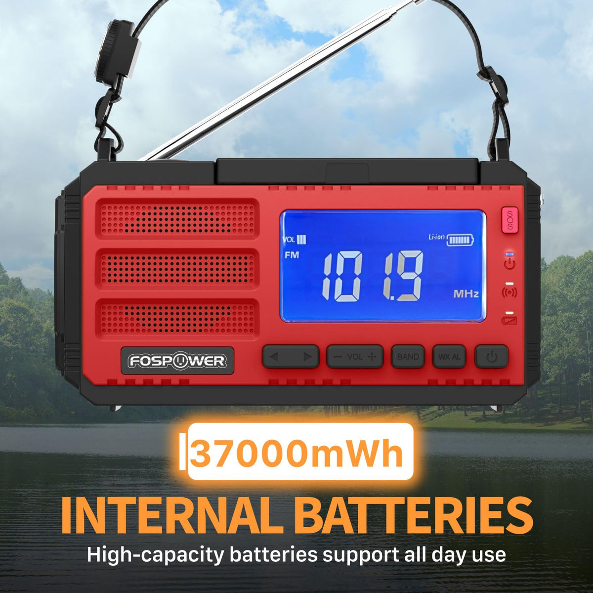 FosPower NOAA Emergency Weather Radio A1 7400mWh Solar Hand Crank (Orange)