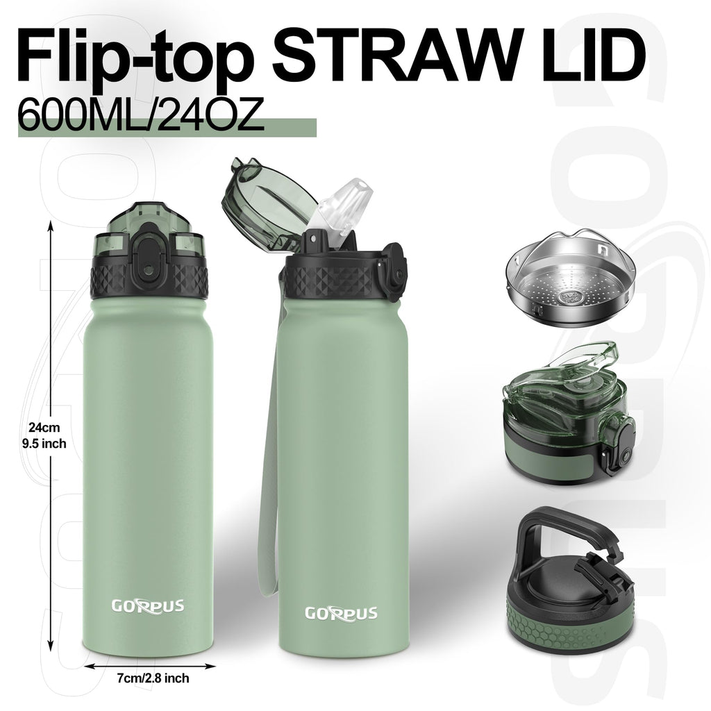 GOPPUS 600ml/20oz Stainless Water Bottle with Straw Double Wall Insulated Bottles with Strap One Hand Open Vacuum Thermal Flask with Flip Top Lid Leakproof Keep Cold Drinks BPA Free