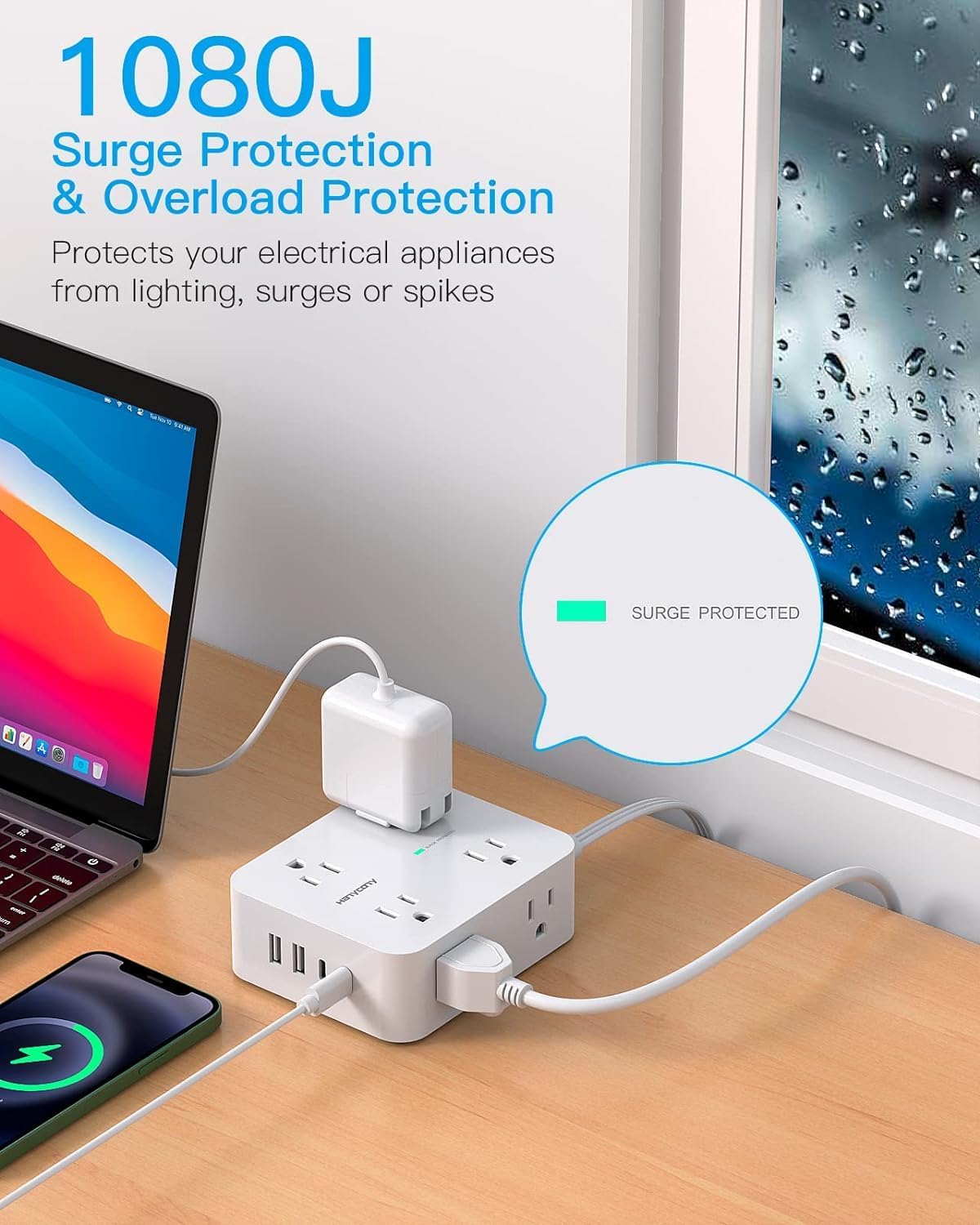Extension Cord 10 Ft, Ultra Thin Flat Plug Power Strip Surge Protector