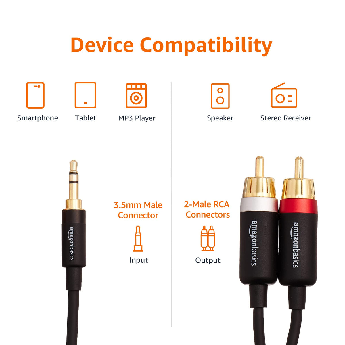Amazon Basics 3.5mm Aux to 2 RCA Audio Cable Adapter for Amplifiers, Active Speakers, Gold-Plated Connectors, Clear Sound Quality, Shielded Construction, 8 Feet/2.4 m, Black
