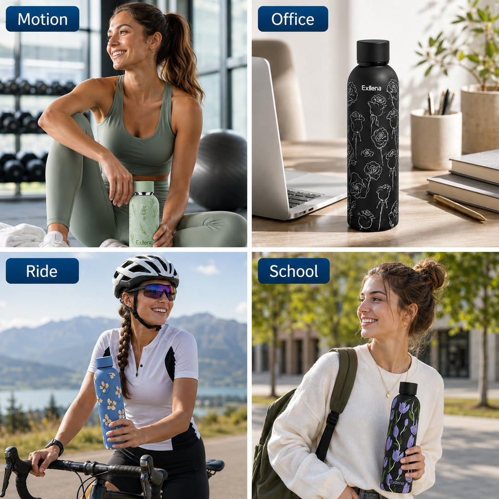 Exllena Insulated Black Water Bottles 750ml with Clip, Double Wall Vacuum Drinks Bottle Keeps Drinks Cold 24 Hrs/Hot 12 Hrs, Stainless Steel Water Bottle BPA Free