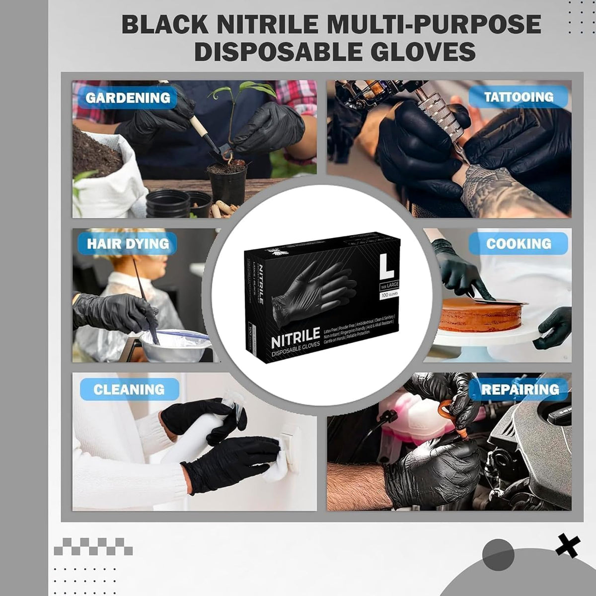 The Real Touch Black Nitrile Multi-Purpose Disposable Gloves, Powder Free, Disposable, Extra Strong - Box of 100 (Black, Large)