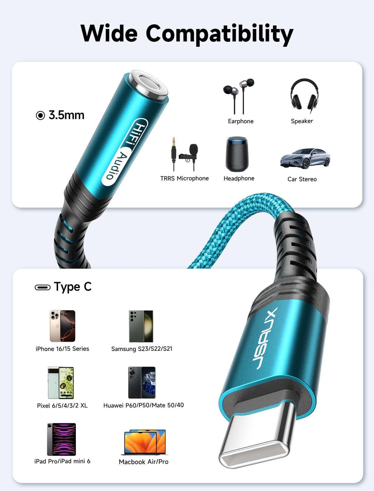 JSAUX 2-Pack USB C to 3.5mm AUX Audio Adapter for iPhone 17, Galaxy S25
