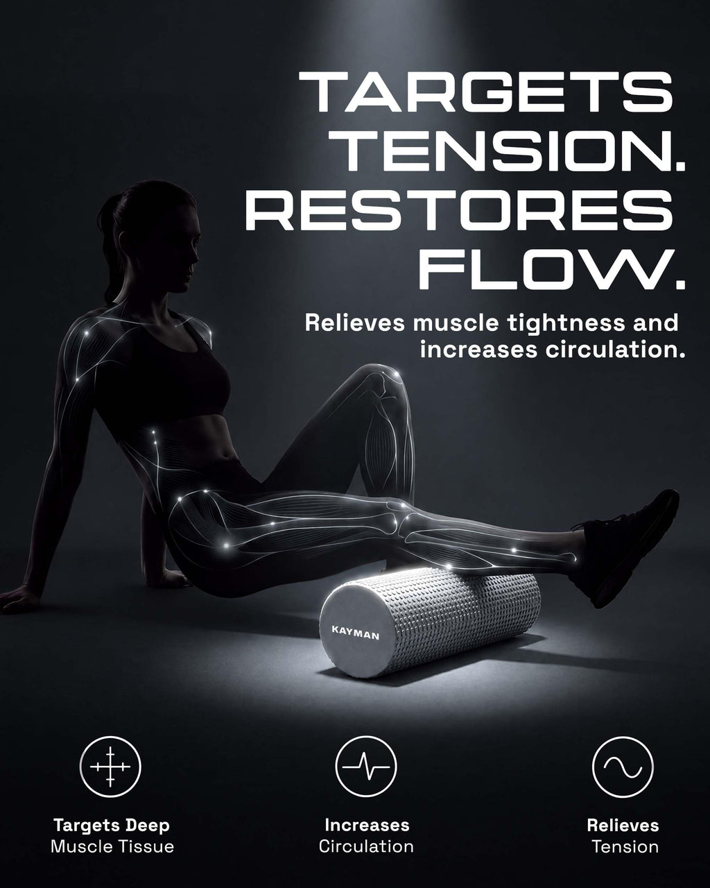 KAYMAN Sports Foam Roller, Deep Tissue Muscle Recovery, 44.5 x 15cm, Black
