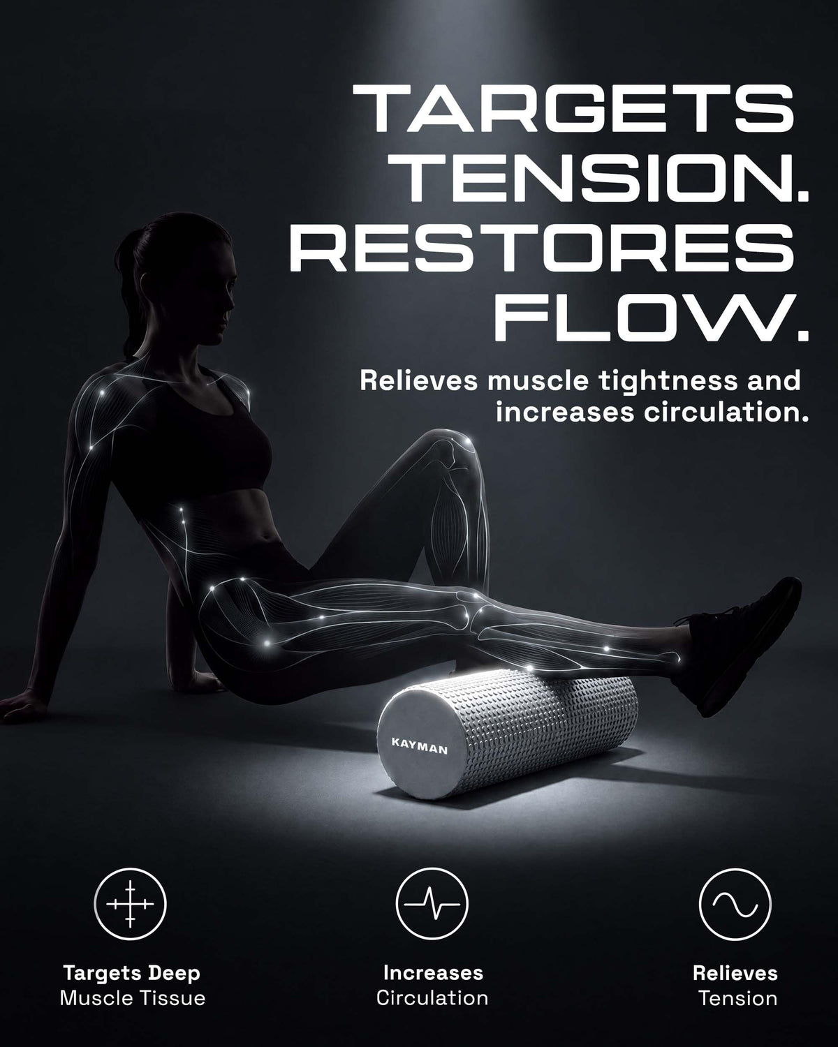KAYMAN Sports Foam Roller, Deep Tissue Muscle Recovery, 44.5 x 15cm, Black