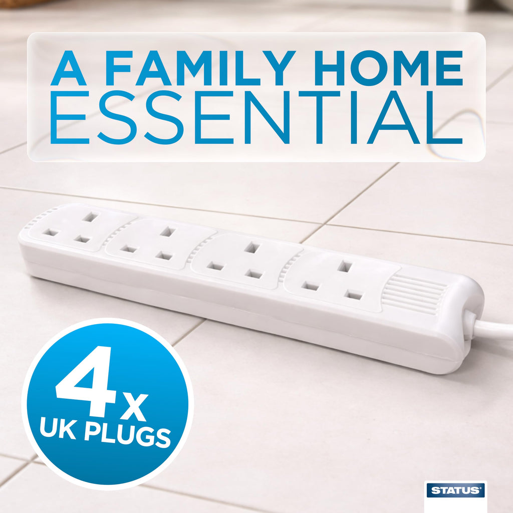 STATUS 4 Way Socket Extension Lead, 4m Cable with Neon Power Indicator, 13A Multi-Plug Strip for Home or Office, Wall Mountable, White (S4W4MS6)