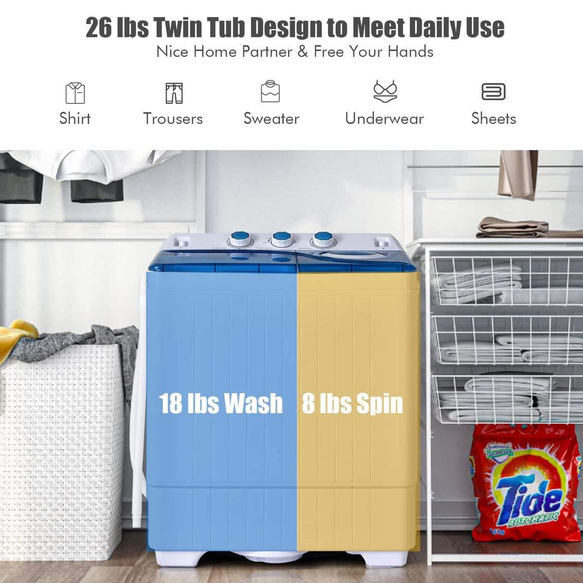 COSTWAY Portable Washing Machine, Twin Tub 26lbs Capacity Laundry, 18lbs Washer and 8lbs Spinner Combo with Timer Knobs, Built-in Drain Pump, Compact Washer for Home Dorm Apartment (Grey+White)