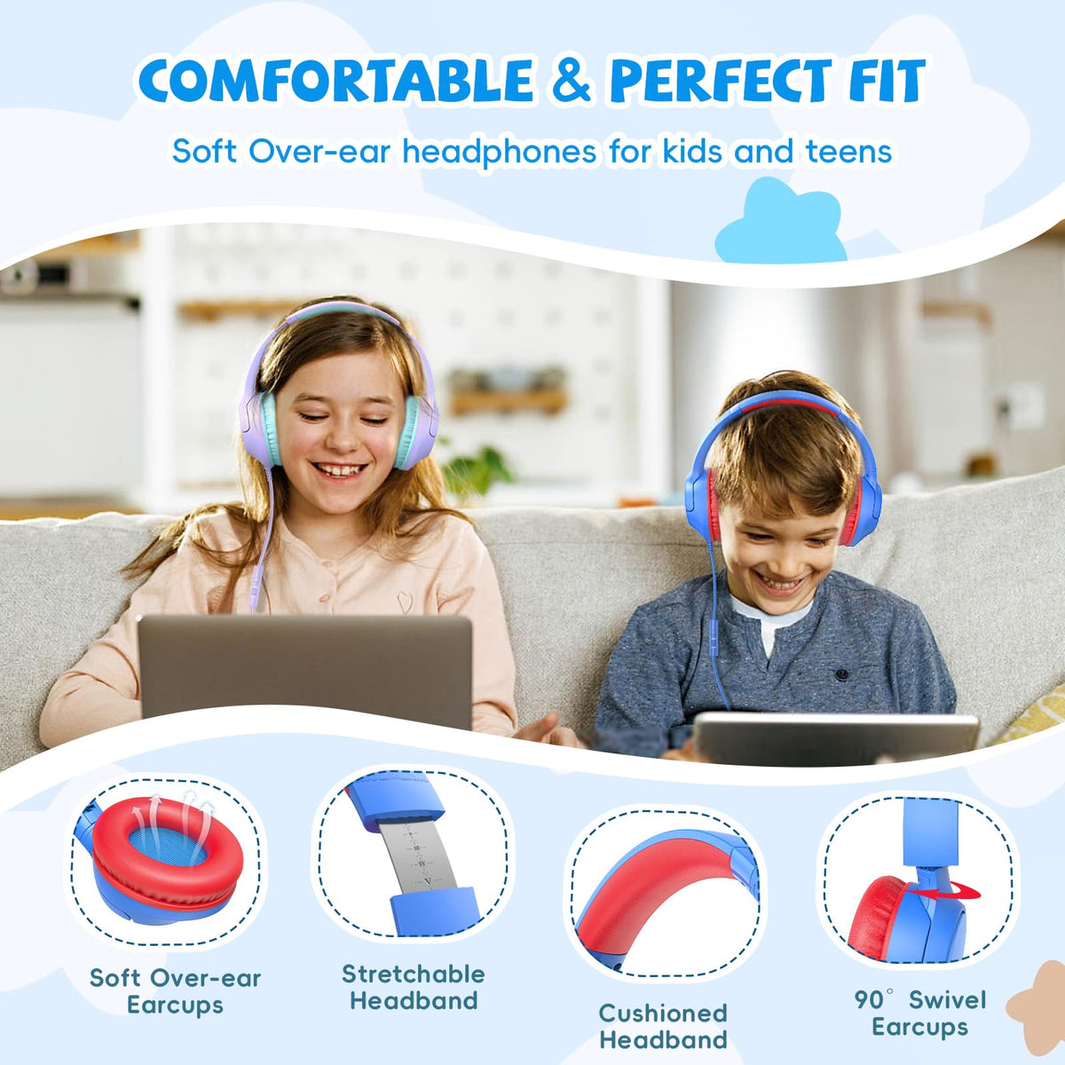 Botesty Sound Kids Headphones Wired for School, 3.5 Plug Safe Volume Purple