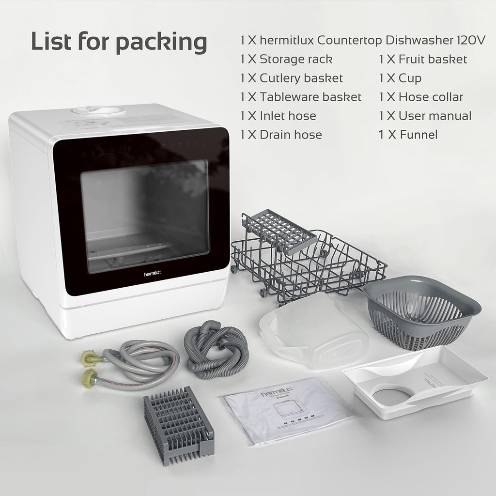 Hermitlux Slim Countertop Portable Dishwasher for Small Spaces
