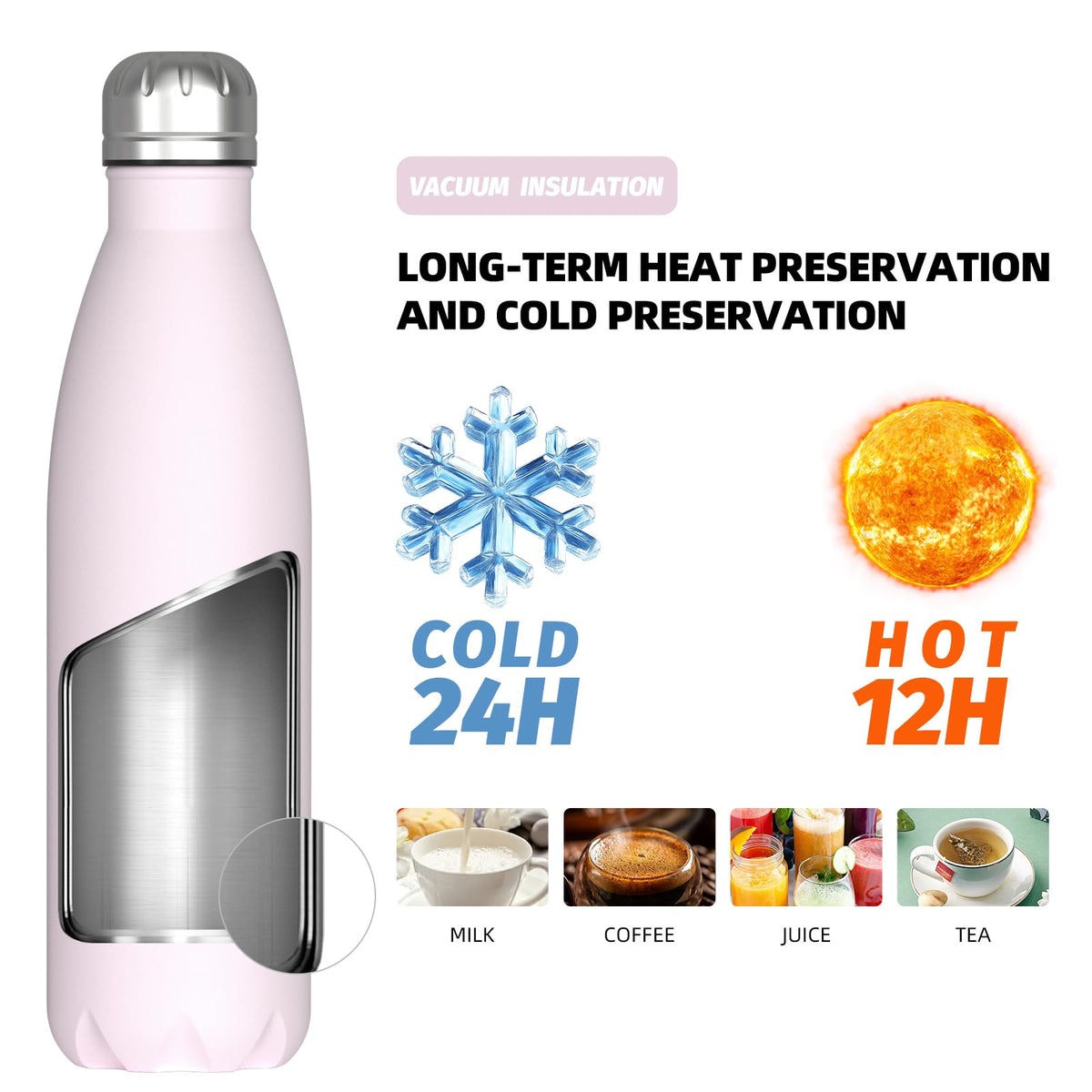 Stainless Steel Insulated Water Bottle, WATERSY Double Walled Metal Vacuum Flask Keep 24 Hrs Cold & 12 Hrs Hot Thermal Metal Sports Bottles 500ml BPA Free for Outdoor, Work, Gym, School (Black)