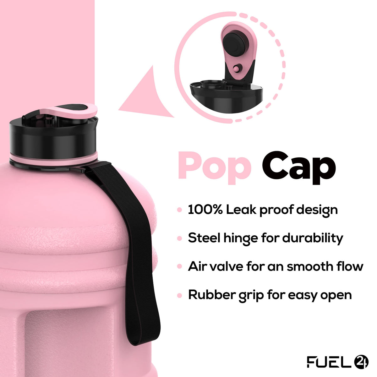 Fuel24 Jug - 2.2 Litre Water Bottle - Extra Strong Flex Material - Drop Proof, Pop or Straw Cap Options - 2.2L Large Gym Sports Bottle, BPA FREE