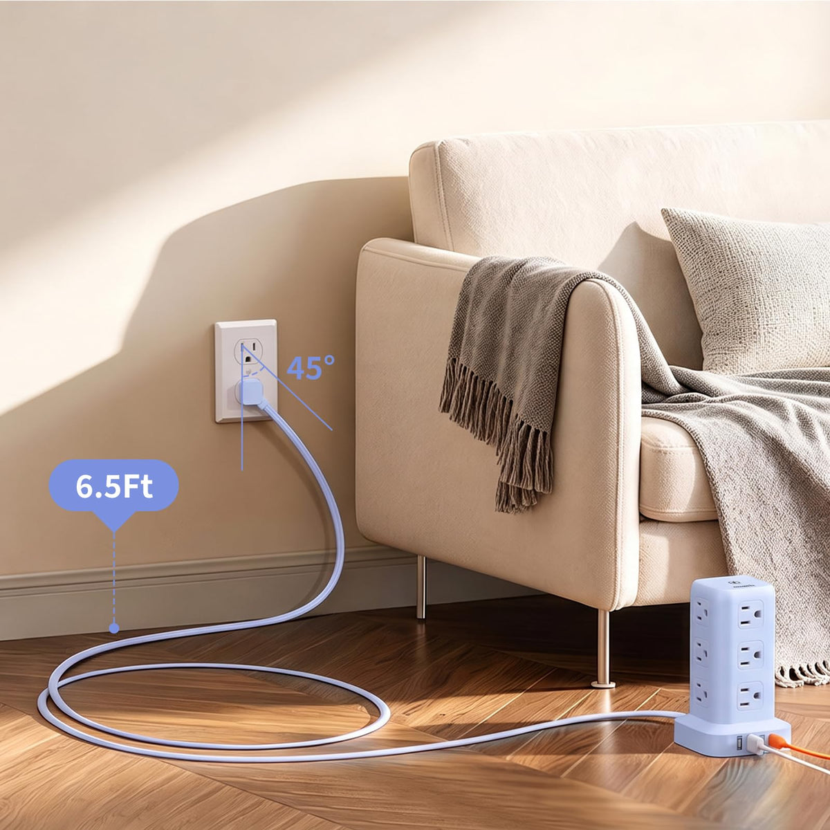 Extension Cord with Multiple Outlets, SMALLRT Power Strip Tower, PD 20W USB C, Outlet Extender with USB Ports 12 AC Outlets, 6.5FT Extension Cord for Home Office, Overload Protection