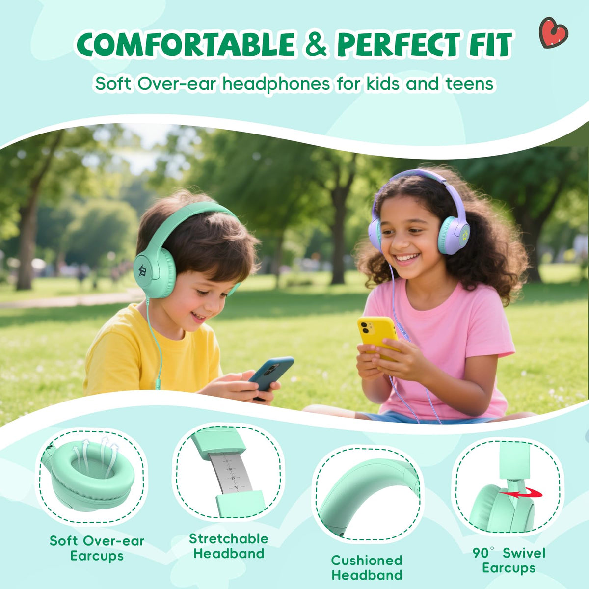 Botesty Sound Kids Headphones Wired for School, 3.5 Plug Safe Volume Purple