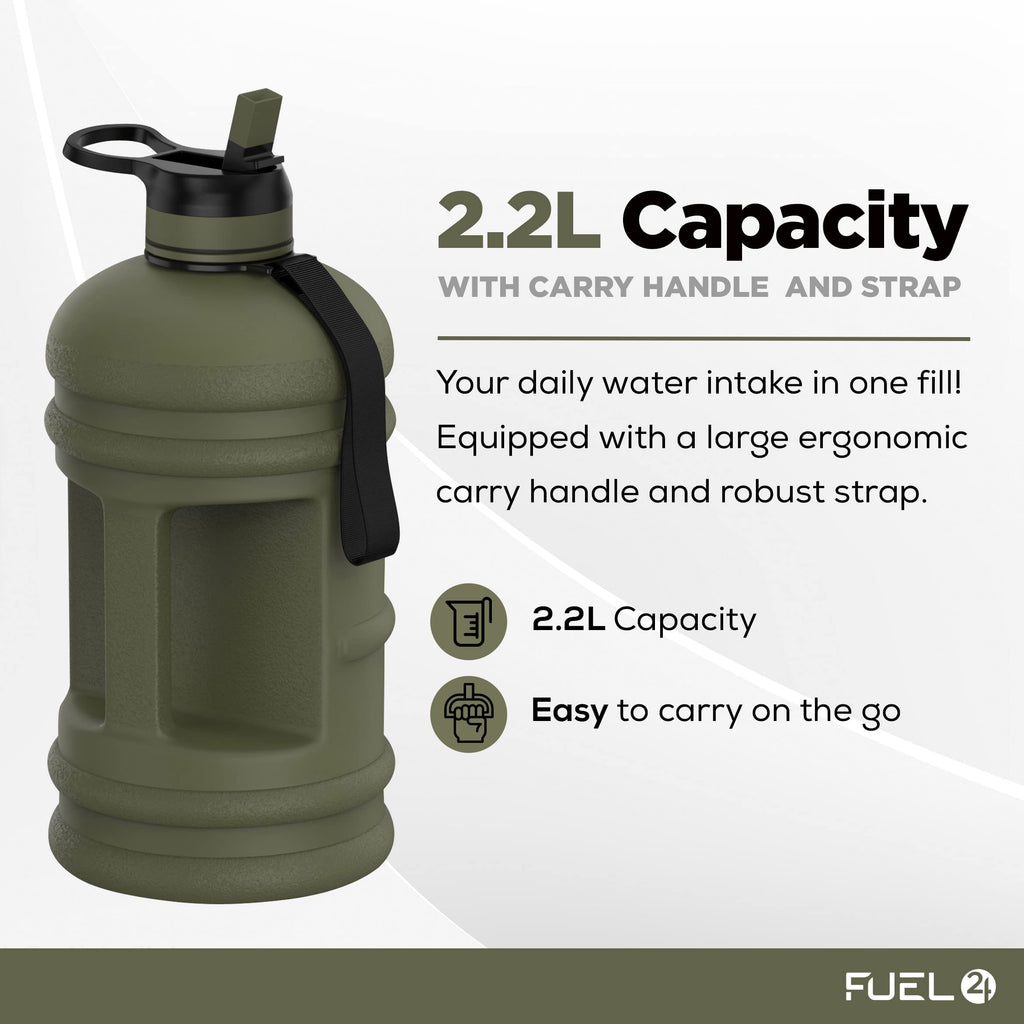 Fuel24 Jug - 2.2 Litre Water Bottle - Extra Strong Flex Material - Drop Proof, Pop or Straw Cap Options - 2.2L Large Gym Sports Bottle, BPA FREE